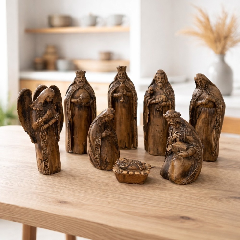Large Vintage Christmas Nativity Set Of 8 Faux Wood Carved Resin Up To 10" Tall